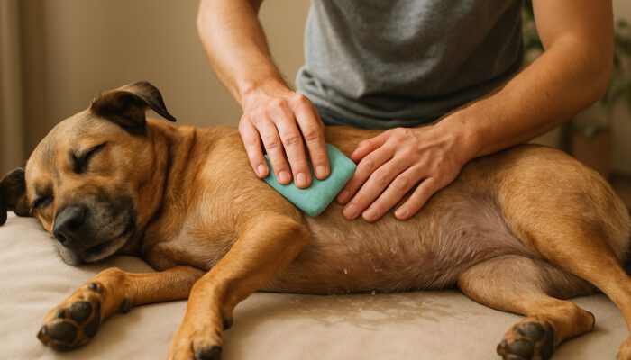 Owner sponging room-temperature water on relaxed dog's abdomen and paws for safe cooling