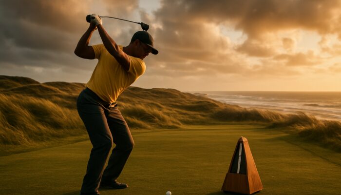 South African golfer focused mid-swing with a metronome on a windy coastal fairway at sunset