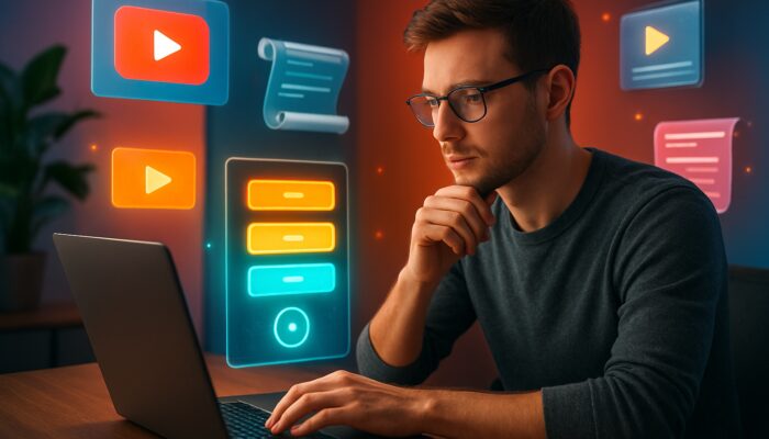 Young creator reviews attractive pricing tiers and YouTube thumbnails on a laptop in a vibrant studio