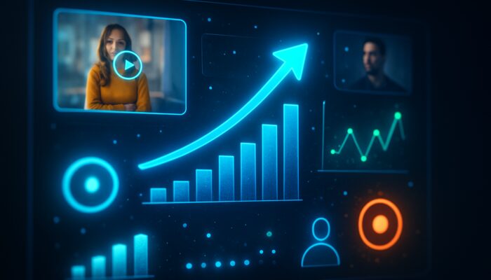 Vibrant digital dashboard pulsating with live video ads and real-time global engagement metrics.