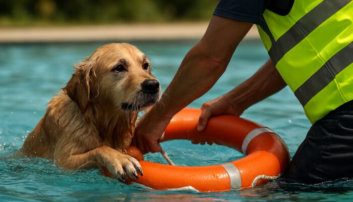 Person rescuing a drenched golden retriever from a pool using a life ring during daylight