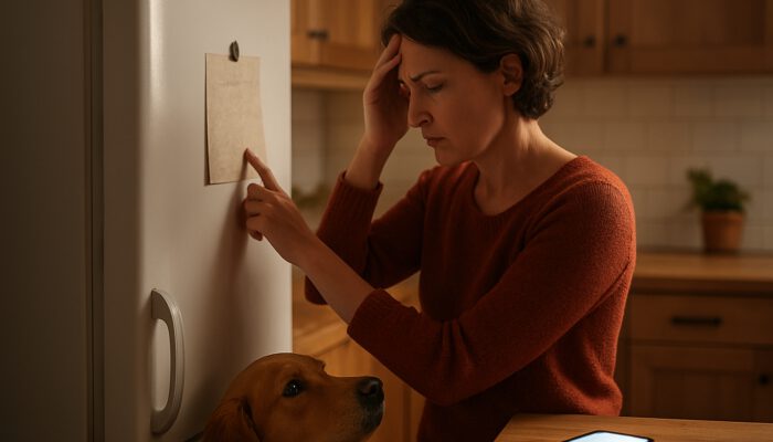 Worried pet owner checks emergency vet contact list on fridge with dog nearby