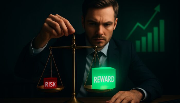Trader weighing red risk cube against green reward on a golden scale with 1:2 charts
