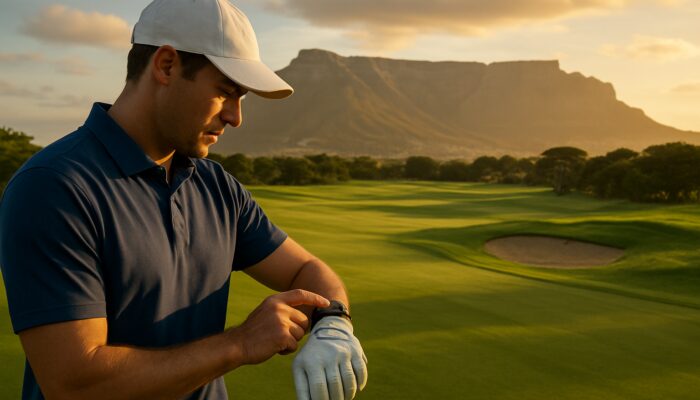 Golfer checking live statistics on smartwatch with Table Mountain backdrop in Cape Town