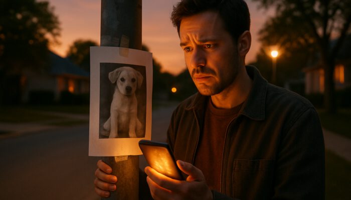 Concerned owner posts lost pet flyers on lamppost while viewing viral social media alerts on smartphone at dusk.