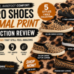 A promotional image for Xero Shoes Animal Print Collection Review, showcasing five styles of Leopard Barefoot Shoes on a leopard print fabric. Text highlights features such as comfort, flexible soles, and natural movement.