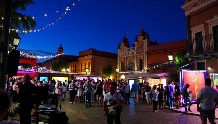 Vibrant Cervantino Festival scene in San Miguel de Allende: jazz musicians under lights, theatrical acts in plazas, art displayed in colonial buildings, and a lively crowd.