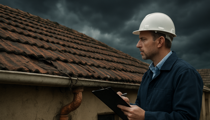 Professional inspector examines cracked roof and exposed wires on old South African home in Springs under stormy sky.