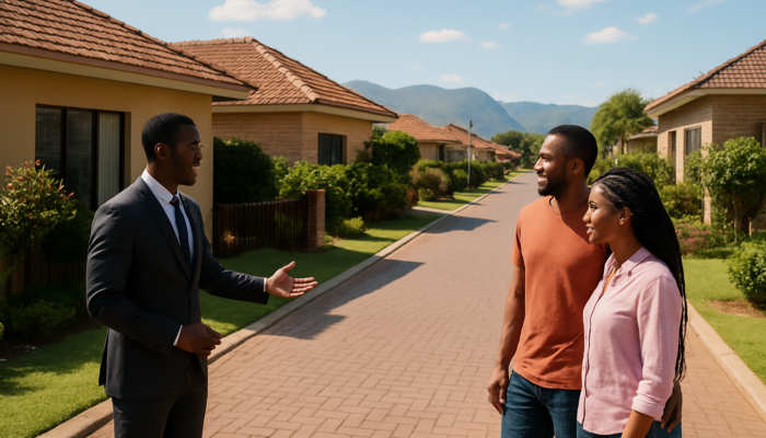 Couple exploring modern homes on a busy Thohoyandou street with their real estate agent under a sunny sky.