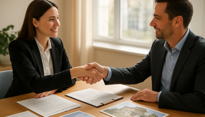 Real estate buyer and seller shaking hands over contracts on a sunny office table.