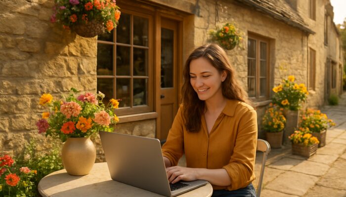 Small business owner creating social media content on laptop in quaint Cotswold Fairford storefront
