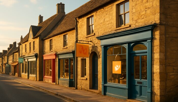 Charming Fairford high street shops with heritage Cotswold stone and playful signage in golden light
