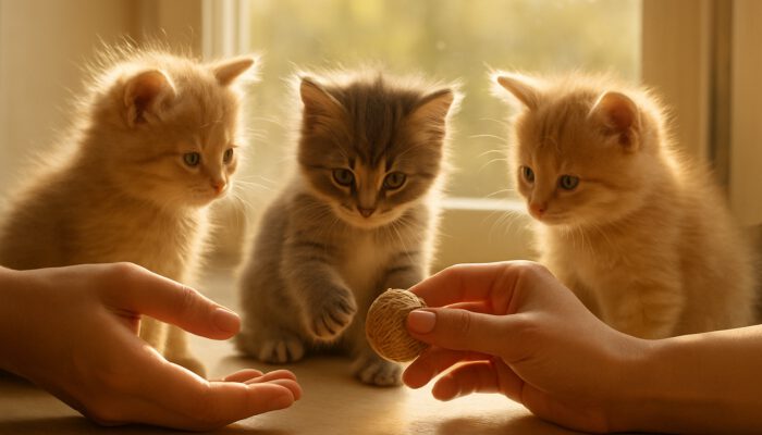 Fluffy kittens playing with hands and toys on a sunny windowsill during their socialisation.