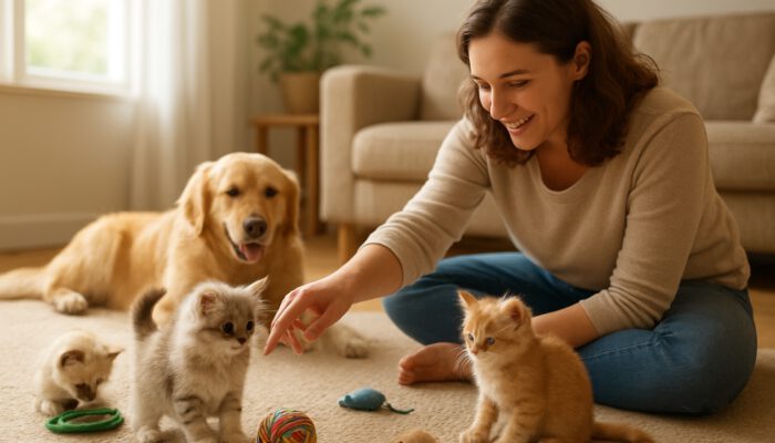 Owner gently interacts with curious kittens amidst toys in a sunlit room for socialisation.