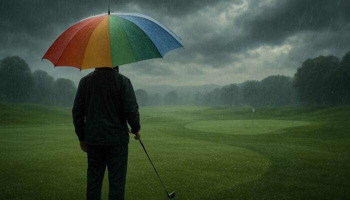 Golfer sheltered by a vibrant umbrella on a misty, rainy golf course surrounded by lush greens and clouds.