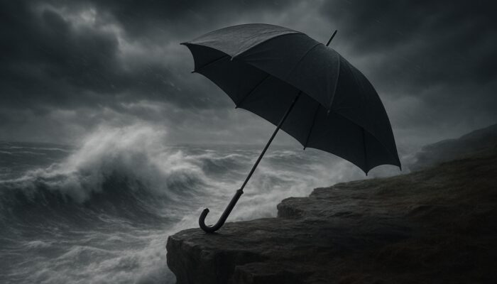Reinforced windproof umbrella with flexible ribs on a stormy cliffside amid wind-whipped waves.