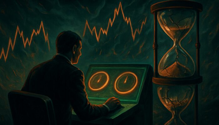 Trader evaluating Day vs GTC orders at terminal amid volatile charts and hourglass imagery