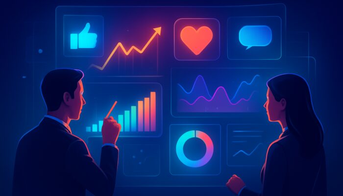Vibrant social sentiment dashboard with glowing icons, graphs, and marketers on holographic screens.