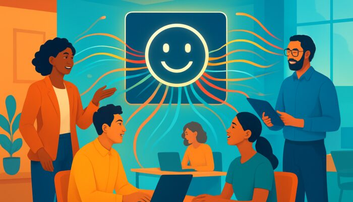 Diverse teams collaborating around glowing sentiment dashboard with data streams in modern office.