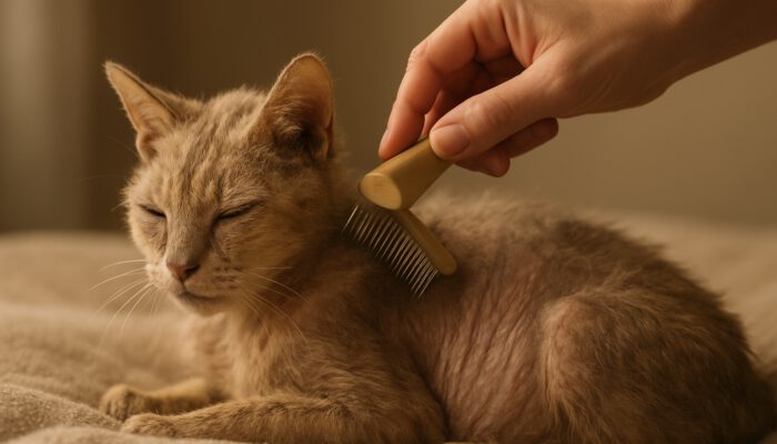 Groomer gently brushing frail elderly cat's thinning fur on soft blanket in warm light