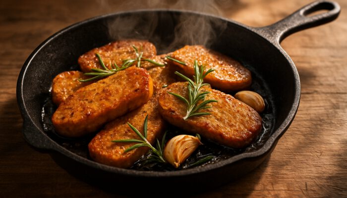 Golden seitan slices sizzling in cast-iron skillet with rosemary and garlic