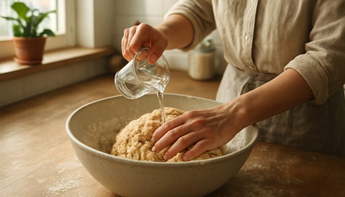 Home cook kneading elastic seitan dough in sunlit kitchen while adjusting water ratios for doubled batch