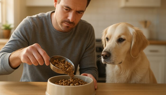 Owner mixes new kibble into dog's bowl in sunlit kitchen during diet transition