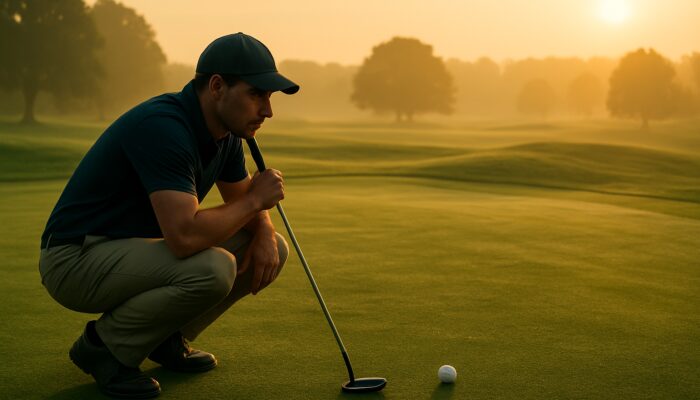 Golfer crouching to analyse putting green slopes and grain at dawn with ball and putter