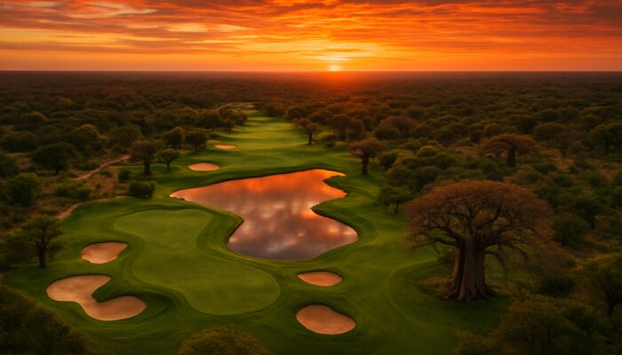 Aerial view of Hans Merensky Golf Club fairways through African bushveld at sunset with baobabs