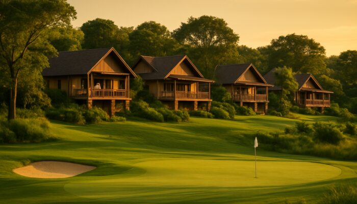 Spacious family chalets overlooking lush Hans Merensky golf course in warm South African light