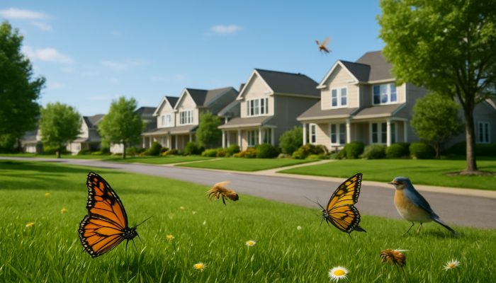 A scenic Ilchester neighbourhood featuring lush lawns, butterflies, bees, and songbirds under clear skies.