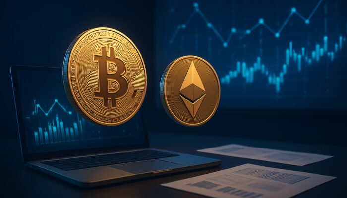 Digital workspace featuring floating Bitcoin and Ethereum coins, tax forms, and glowing blockchain charts for crypto tax reporting.