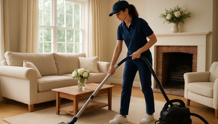Professional cleaner vacuuming a sunlit living room in a cozy Martock cottage with fresh flowers.