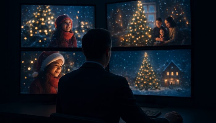 Strategist analysing competitors' festive holiday video campaigns and metrics on glowing screens in a dimly lit room.