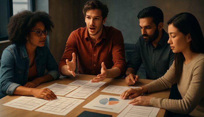 Diverse creative team strategising brand video with storyboards and budget charts illuminated by cinematic lighting
