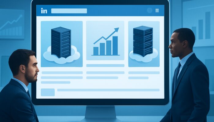 LinkedIn interface displaying B2B cloud hosting ads with server racks and conversion metrics in a contemporary blue workspace.