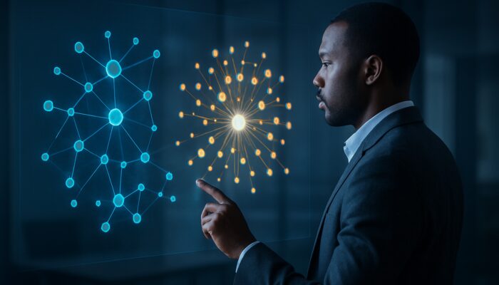 Analyst reviewing holographic LinkedIn audience maps highlighting enterprise clusters in B2B hosting visualisation