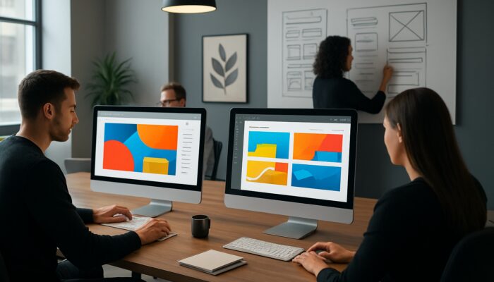 Creative Marlborough design studio professionals developing dynamic WordPress websites on bright screens.