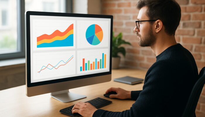 Web designer analysing Google Analytics dashboards with vibrant KPI charts in Marlborough office