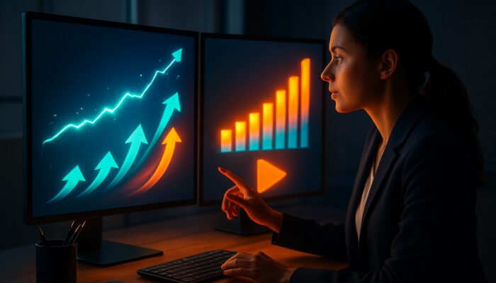 Marketer analysing glowing metrics charts, reallocating resources to video content with upward engagement arrows.