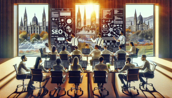 SEO specialists in a modern Yeovil office discussing effective on-page strategies, surrounded by laptops displaying code and graphs, with historic landmarks visible through the windows.