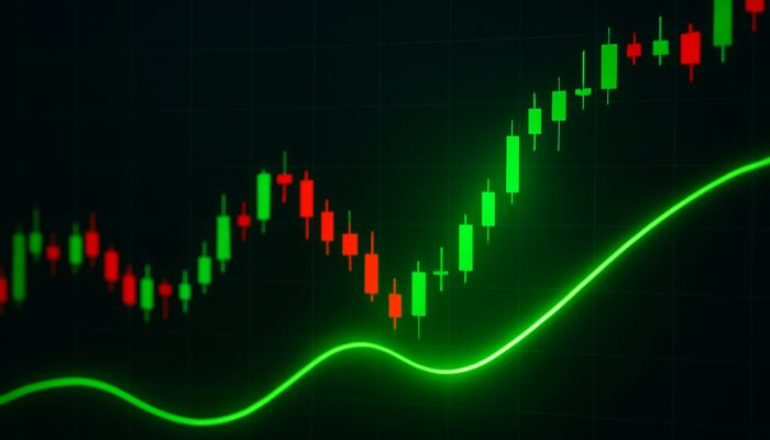 Trading chart showcasing a green Trix line crossing above zero amidst candlestick patterns for bullish buy signal