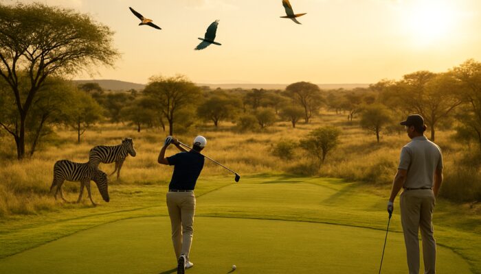 Golfers teeing off on Serengeti course surrounded by zebras and birds in the warm South African sunlight.