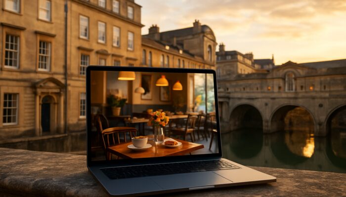 Laptop displaying a vibrant Bath café website against the backdrop of the Roman Baths and Georgian facades during golden hour