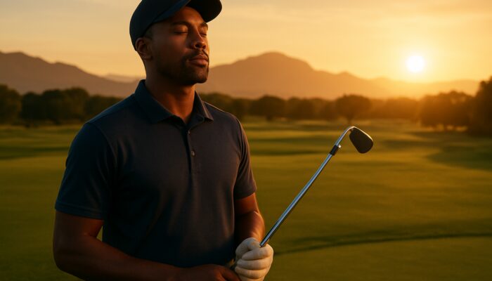 South African golfer practicing deep breathing at sunset on a lush course with mountains.
