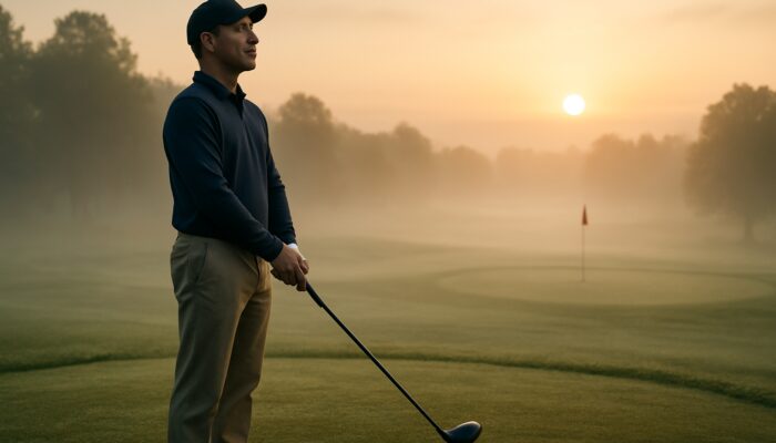 Focused golfer with eyes closed practicing 4-7-8 breathing on misty dawn tee while visualising shot.