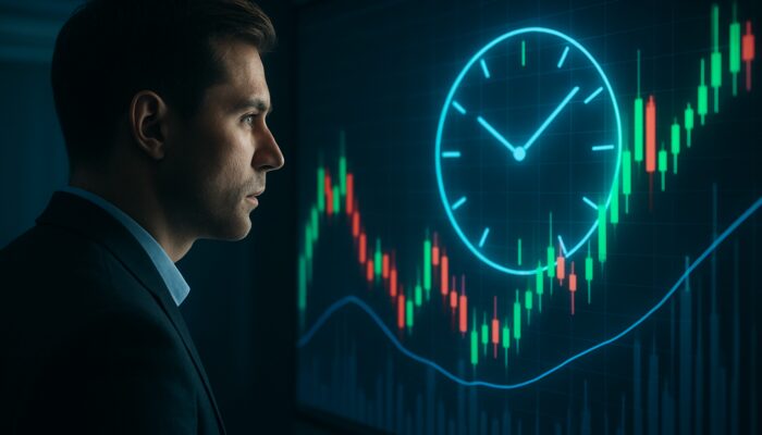 Trader analysing the MACD histogram with green and red bars and a clock overlay in a contemporary trading environment.