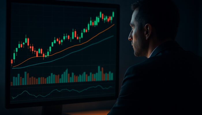 Trader analysing candlestick charts with MACD divergence, rising volume bars, and RSI in a dimly lit room.